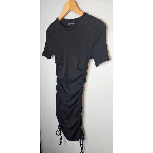 Zara Womens Dress Medium Black Ribbed Crew Neck Ruched Sides Knit Mini Short - Picture 6 of 11